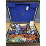 A jewellery box full of vintage costume jewellery inc rings, Amethyst bracelets, rosary beads, retro