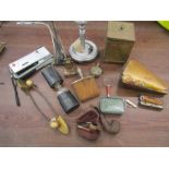 Collectors lot inc pipes, cheroot holders, brass tea caddy, jewellery stand, penknife etc