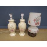 Pair of ceramic table lamps and another with glass shade (plug removed from this one)