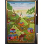 J.K. Toussaint oil on canvas Island village scene 63cm x 94cm approx