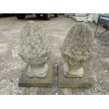 Pair of concrete Artichokes (H43cm approx) and Hegdehog statue