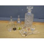 Bohemia decanter, glass bird, 2 glass bells and advertising shot glasses