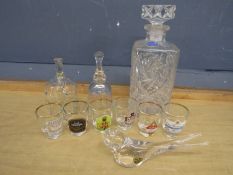 Bohemia decanter, glass bird, 2 glass bells and advertising shot glasses