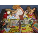 Tray assorted vintage toys and stick puppets