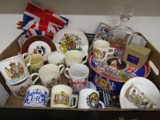 Commemorative wares inc china, sealed biscuit tin, soaps, flags etc