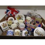 Commemorative wares inc china, sealed biscuit tin, soaps, flags etc