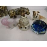 An onyx? elephant, tiger figure in box, large paperweight, pottery bird house etc