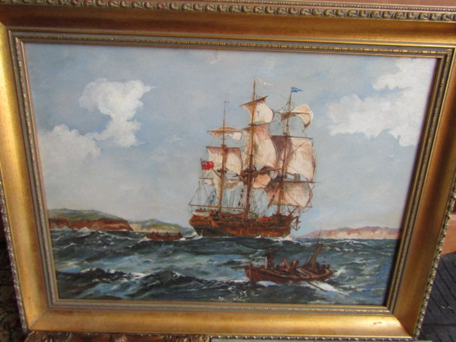 Gilt framed oil on canvas sailing ship (53cm x 66cm approx), oil on canvas of a young girl and - Image 2 of 6