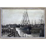 Vera K Williams watercolour of a port scene, framed and glazed