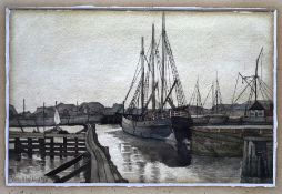 Vera K Williams watercolour of a port scene, framed and glazed