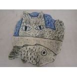 studio pottery cat with fish plate 24x27cm