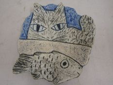studio pottery cat with fish plate 24x27cm