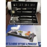 Princess cordless warming tray new in box and a BBQ utensil set in case