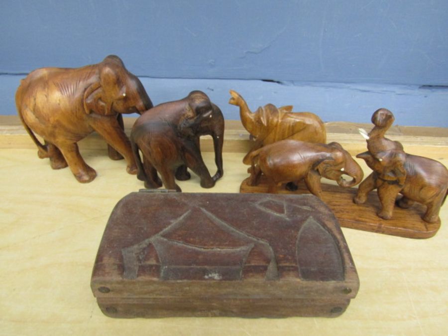 Treen elephants and box with elephant