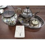 Ceramic biscuit barrel , marble box and plated tray teapot and pot