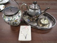 Ceramic biscuit barrel , marble box and plated tray teapot and pot