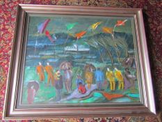 Framed and glazed oil on canvas of an island scene, signed bottom right corner. 76cm x 93cm approx