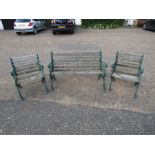 Garden bench and 2 chairs with cast iron ends (very loose with slats in need of replacing)