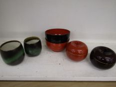 Pair Japanese vases and lacquered dishes and apple pots