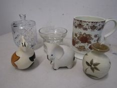 3 studio pottery animals, cut glass jam pot, candle holder and a tankard