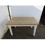 Pine kitchen table with painted legs H77cm Top 89cm x 137cm approx