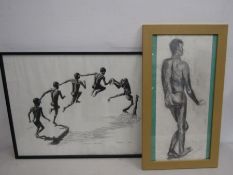 Pencil sketch of a man, unsigned and Trish Bethany 'boy leaping' print