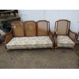 A Bergere style suite 3 seater and chair