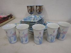 Japanese ceramics- plate set, 2 goblets and 5 small vases/brush pots?