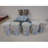 Japanese ceramics- plate set, 2 goblets and 5 small vases/brush pots?