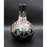 Hand painted bottle green glass vase 32cm tall