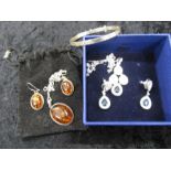 Swarovski earrings and necklace set, silver bangle and silver and heated amber set