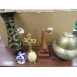 Brass vases, treen face, marble egg etc