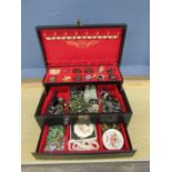 Jewellery box full of costume jewellery and coins