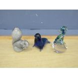 3 Wedgwood glass animal paperweights, seal, squirrel and duck