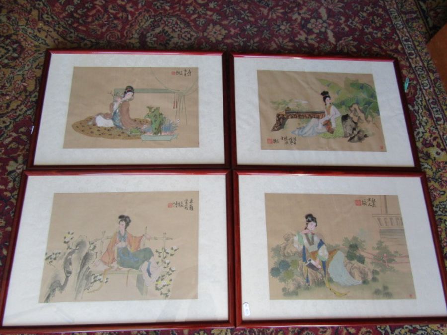 Set of 4 framed and glazed Japanese watercolours on parchment paper 36cm x 50cm approx