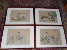 Set of 4 framed and glazed Japanese watercolours on parchment paper 36cm x 50cm approx