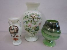 Maling lustre vase and 2 hand painted milk glass vases