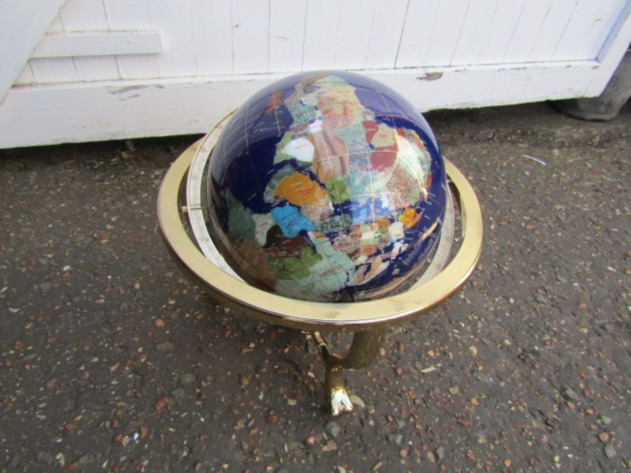 Semi precious stone globe with brass stand and compass H46cm approx