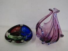 2 art glass pieces a purple vase/dish and a multicoloured glass dish