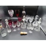 Cranberry glass, various glass oil bottles and glasses, painted bottle