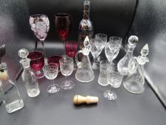 Cranberry glass, various glass oil bottles and glasses, painted bottle