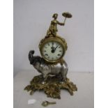 Brevattato brass and pewter mantle clock in the form of an elephant supporting a dial and movement