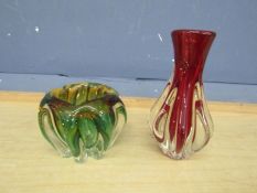2 Heavy art glass vases. Largest H20cm approx