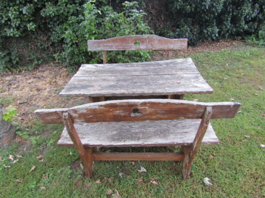 Rustic oak? table and pair of benches - Image 2 of 5