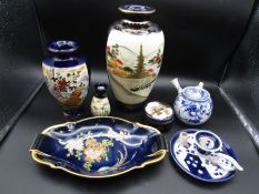 Satsuma large vase, lidded pot, tiny vase, tray, med vase and a pair Oriental vases