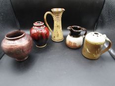 5 pieces studio pottery- French jug, Ray Clarke red vase, signed flour sifter, Mocha ware jug,