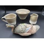 3 studio pottery pieces and a Chinese ceramic duck