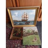 Gilt framed oil on canvas sailing ship (53cm x 66cm approx), oil on canvas of a young girl and