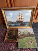 Gilt framed oil on canvas sailing ship (53cm x 66cm approx), oil on canvas of a young girl and