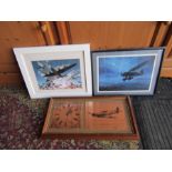 2 Framed and glazed aviation prints and wall clock